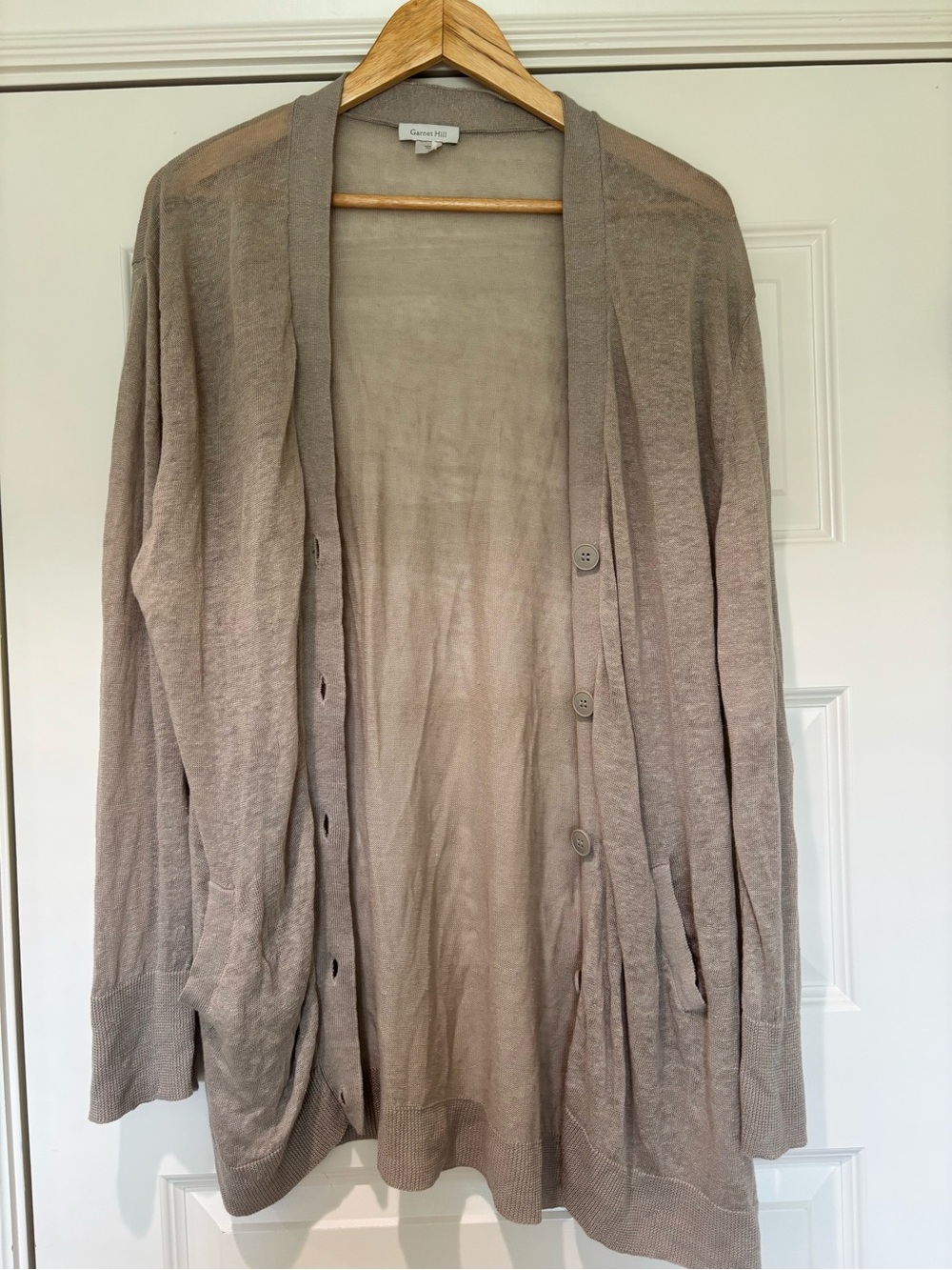Garnet Hill Sz L 100% Linen Beige Button Down Cardigan Pockets Quite Luxury - Picture 2 of 9